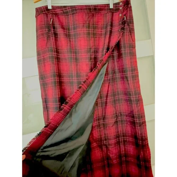 Eddie Bauer Skirt Womens 18 Red Wool Plaid Maxi Fringed Blanket Wrap Preppy Acad - Picture 3 of 7